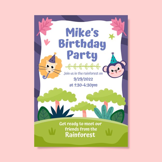 hand drawn jungle birthday party vertical poster template