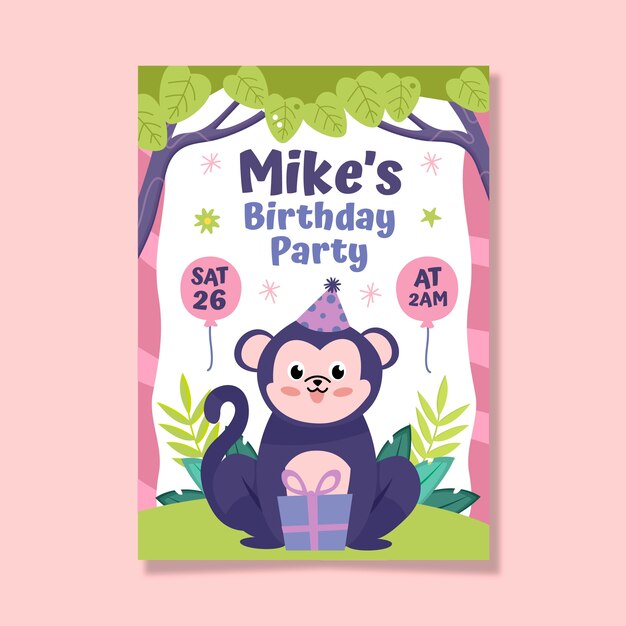 Hand drawn jungle birthday party vertical poster template