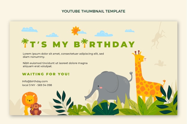 Free vector hand drawn jungle birthday party youtube thumbnail