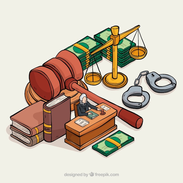 Hand drawn justice elements with isometric view