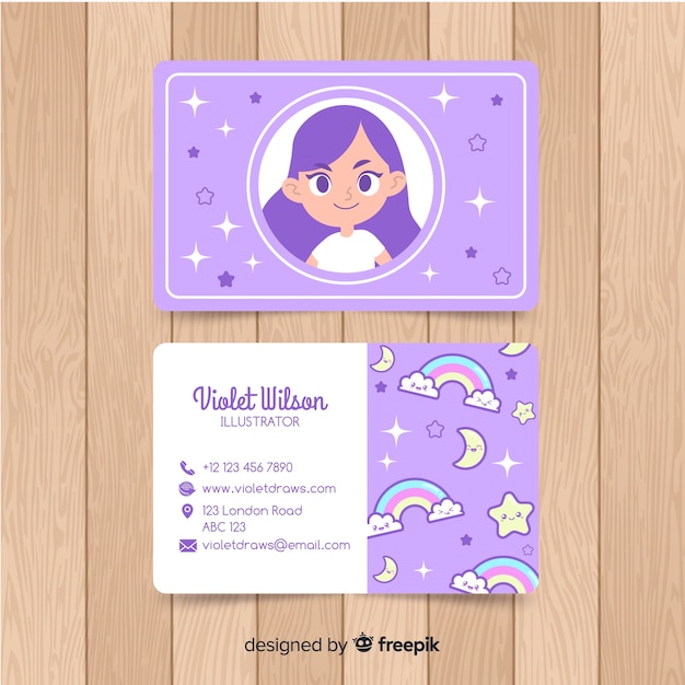 Free vector hand drawn kawaii character business card template