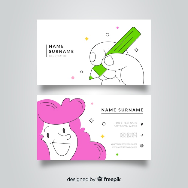 Hand drawn kawaii character business card template