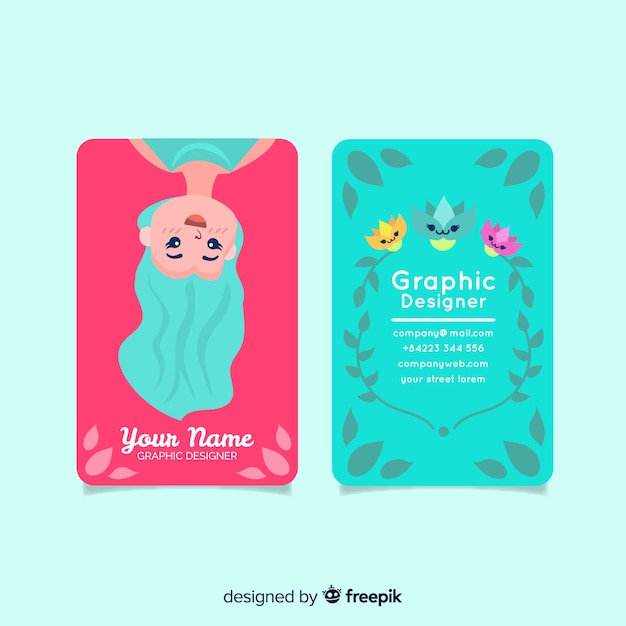 Hand drawn kawaii character business card template