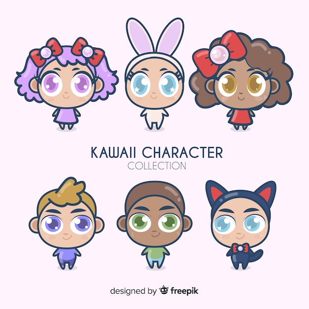 Collezione di personaggi kawaii disegnati a mano