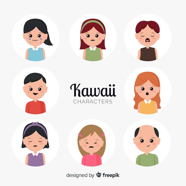 Collezione di personaggi kawaii disegnati a mano