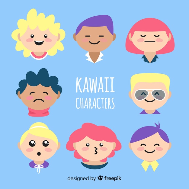 Free vector hand drawn kawaii characters faces collection