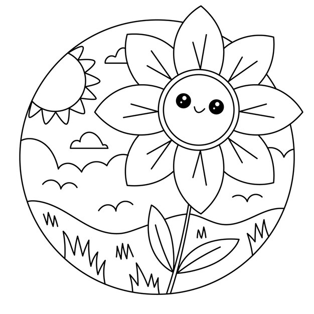 Hand drawn kawaii coloring book illustration