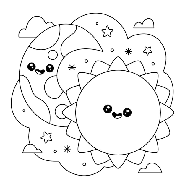 Hand drawn kawaii coloring book illustration