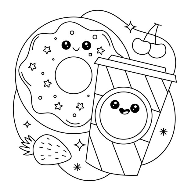 Hand drawn kawaii coloring book illustration