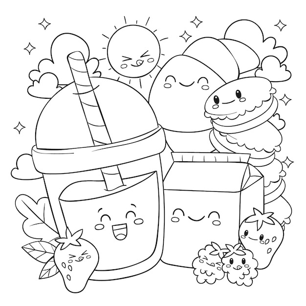 Hand drawn kawaii coloring book illustration