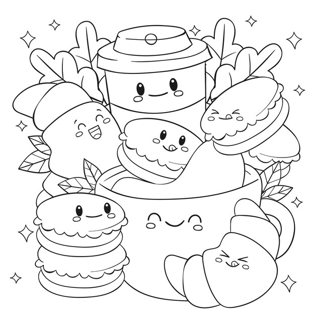 Hand drawn kawaii coloring book illustration