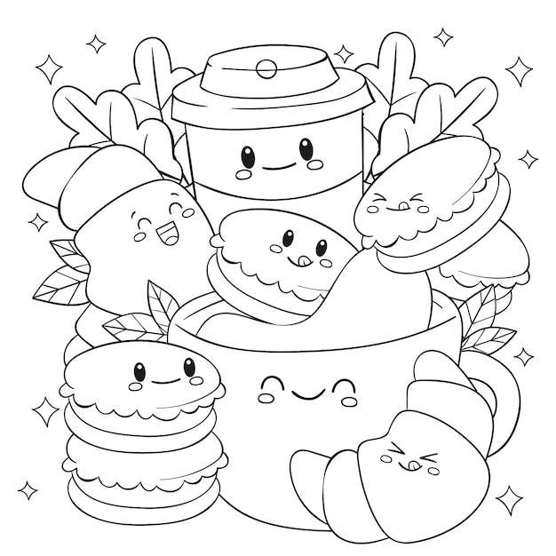 Hand drawn kawaii coloring book illustration