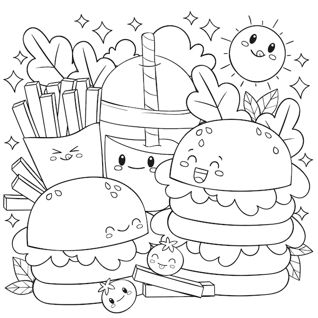 Hand drawn kawaii coloring book illustration