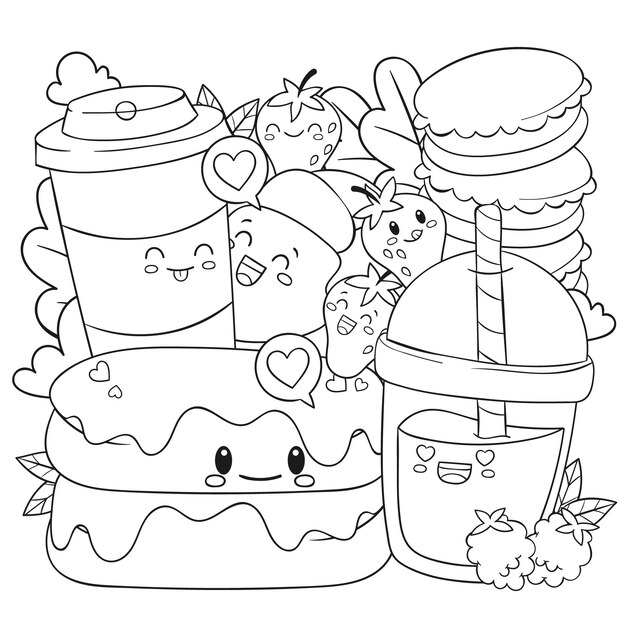 Livre De Coloriage Kawaii, Modèle Vectoriel De Dessert Kawaii. Illustration  En Noir Et Blanc Clip Art Libres De Droits, Svg, Vecteurs Et Illustration.  Image 191683779