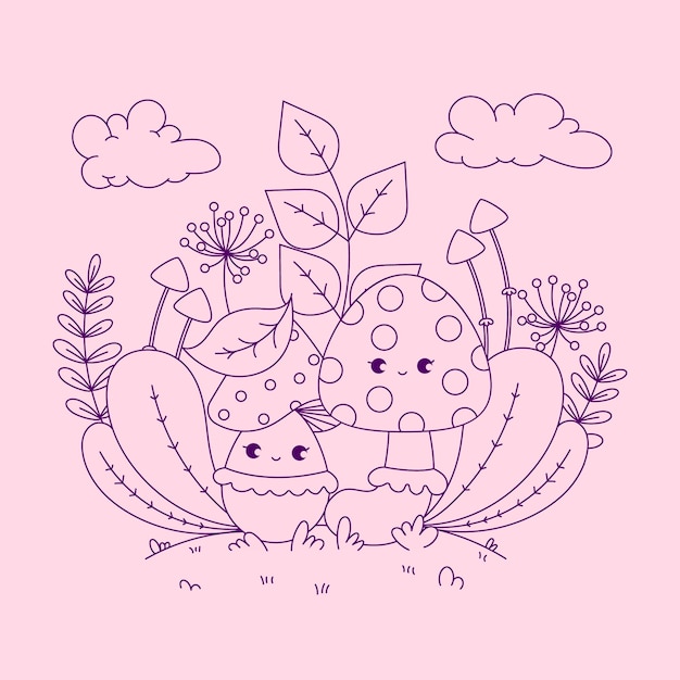 Hand drawn kawaii coloring book illustration