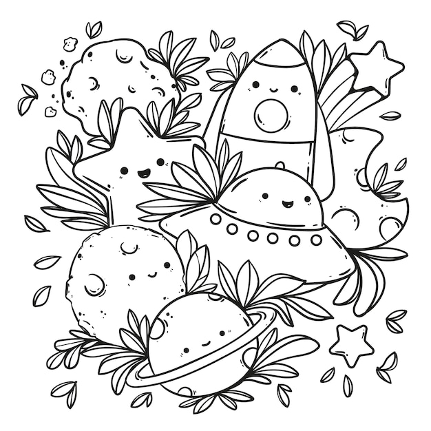 Hand drawn kawaii coloring book illustration