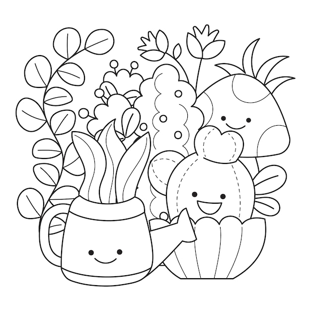 Hand drawn kawaii coloring book illustration