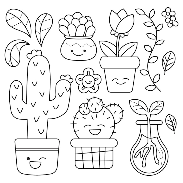 Hand drawn kawaii coloring book illustration