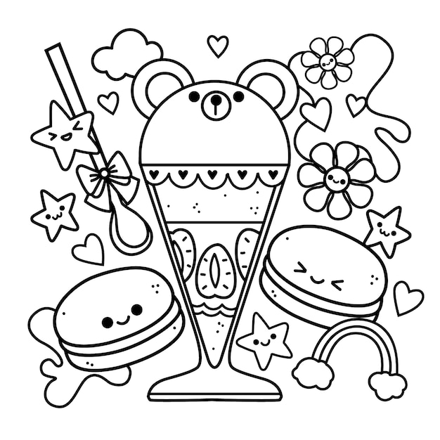 Hand drawn kawaii coloring book illustration