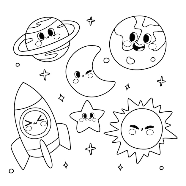 Hand drawn kawaii coloring book illustration