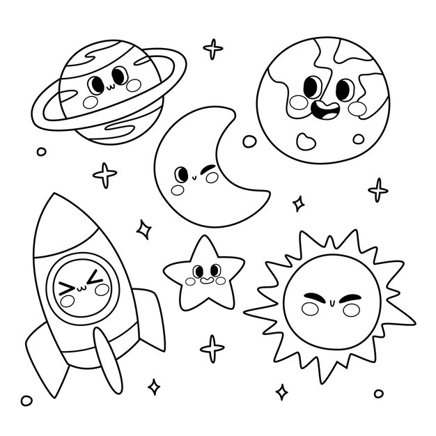 Hand drawn kawaii coloring book illustration