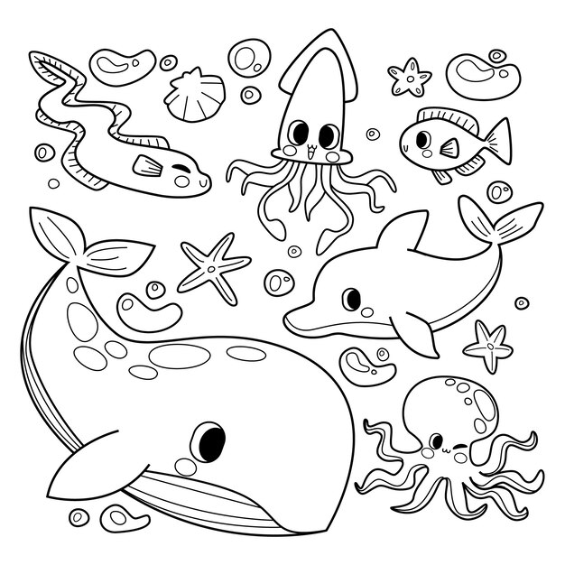 Hand drawn kawaii coloring book illustration