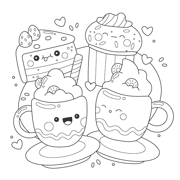 Hand drawn kawaii coloring book illustration