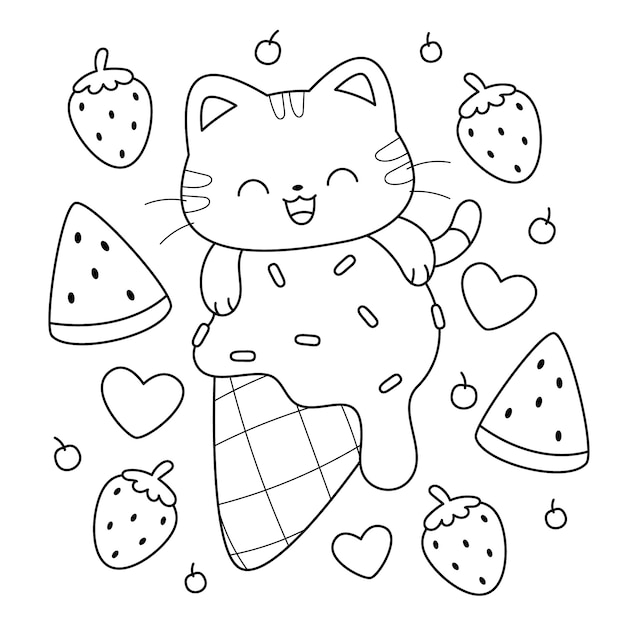 Hand drawn kawaii coloring book illustration