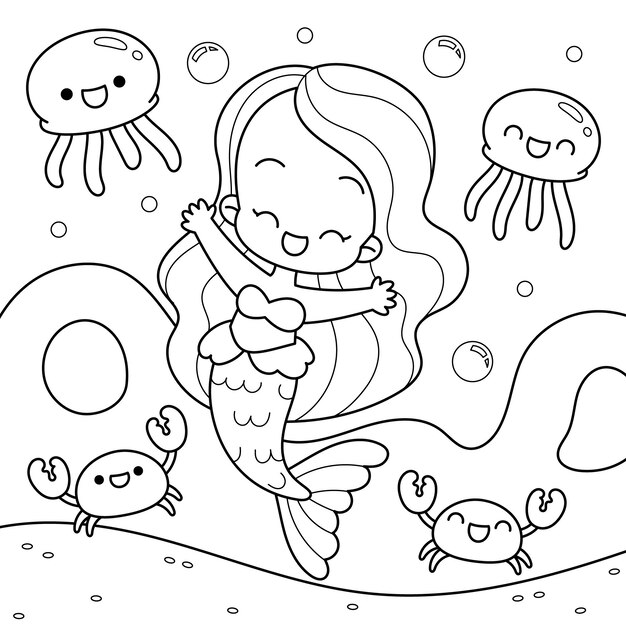 Hand drawn kawaii coloring book illustration