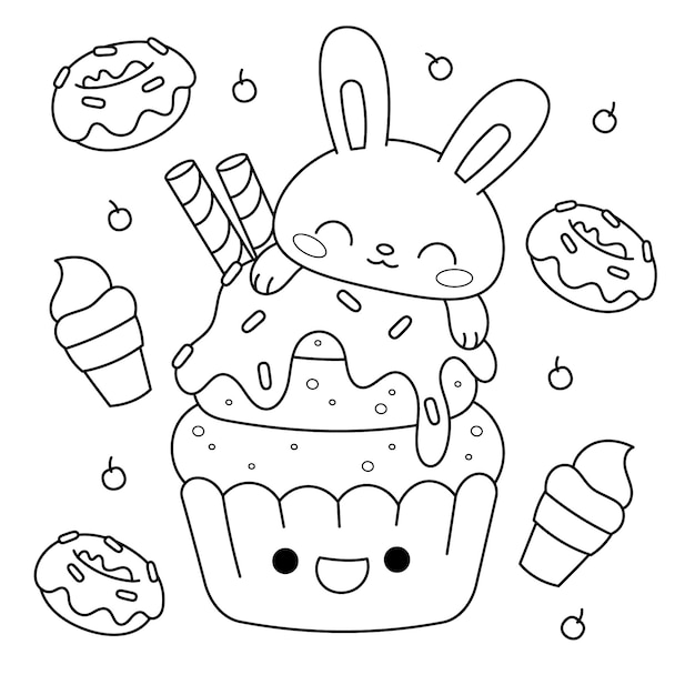 Hand drawn kawaii coloring book illustration