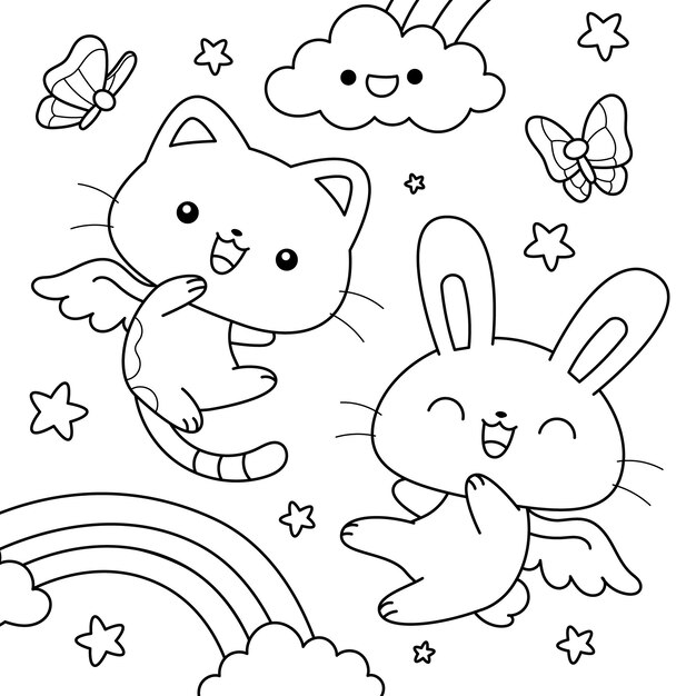 Hand drawn kawaii coloring book illustration