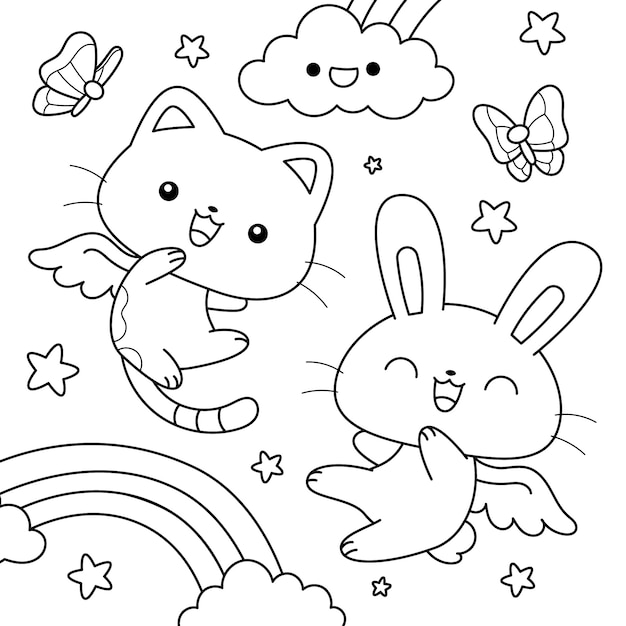 Hand drawn kawaii coloring book illustration