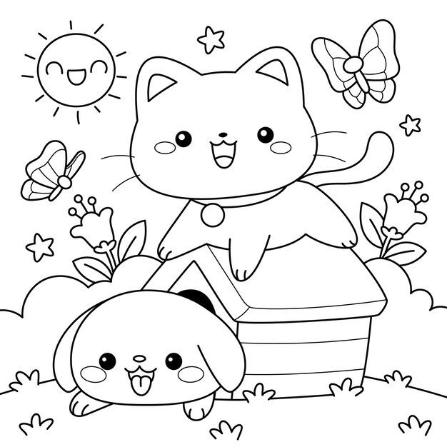 Hand drawn kawaii coloring book illustration