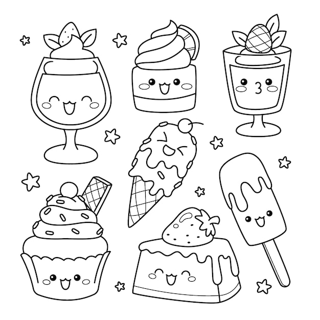 Hand drawn kawaii coloring book illustration