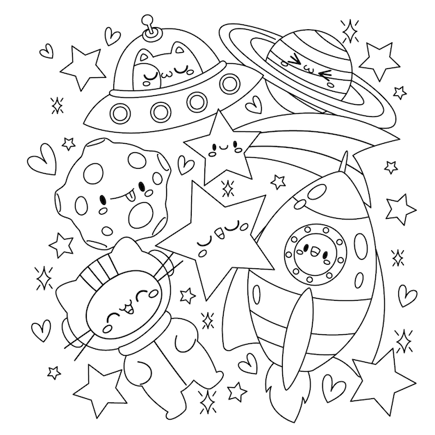 Hand drawn kawaii coloring book illustration