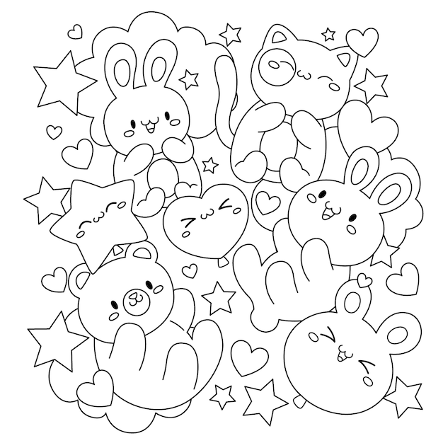 Hand drawn kawaii coloring book illustration