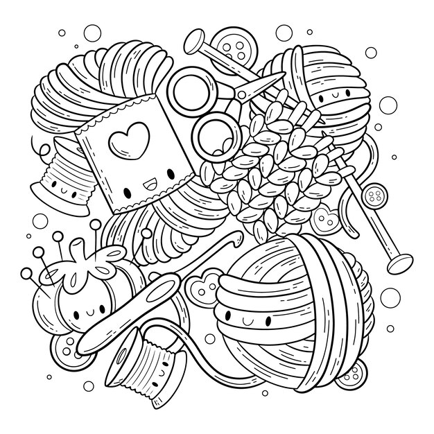 Hand drawn kawaii coloring book illustration