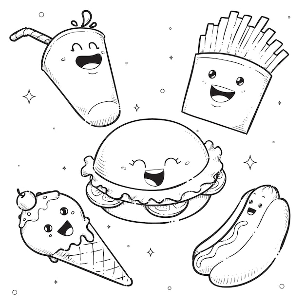 Free vector hand drawn kawaii coloring book with food