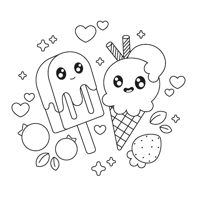 Vettore gratuito libro da colorare kawaii disegnato a mano con gelato