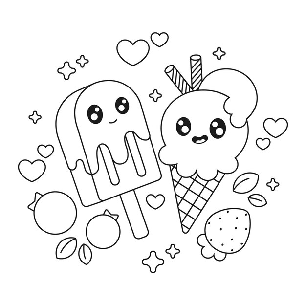 Hand drawn kawaii coloring book with ice cream