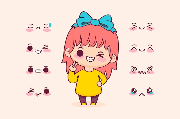 Vettore gratuito collezione di volti kawaii disegnati a mano