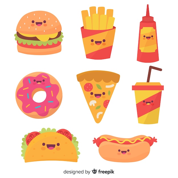 Vettore gratuito collezione di fast food kawaii disegnata a mano