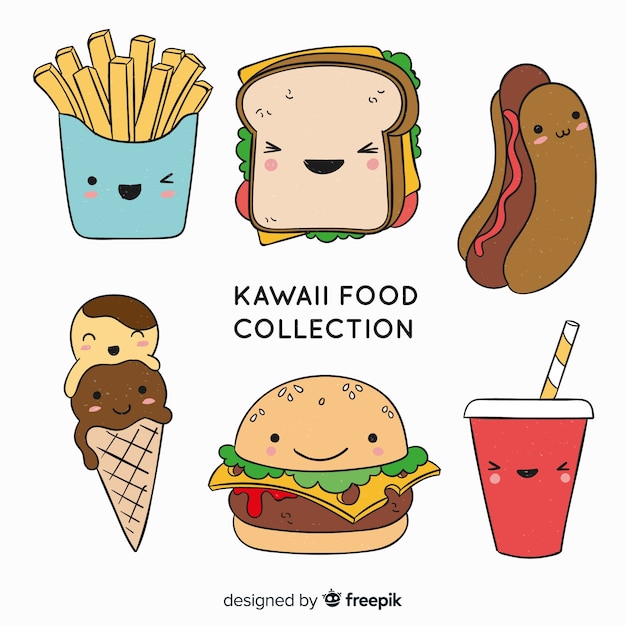 Hand drawn kawaii food collection