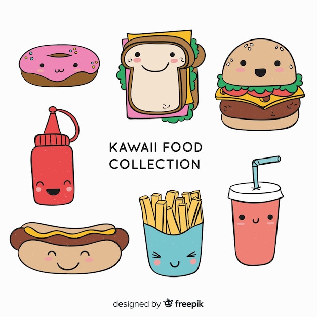 Collezione di cibo kawaii disegnata a mano