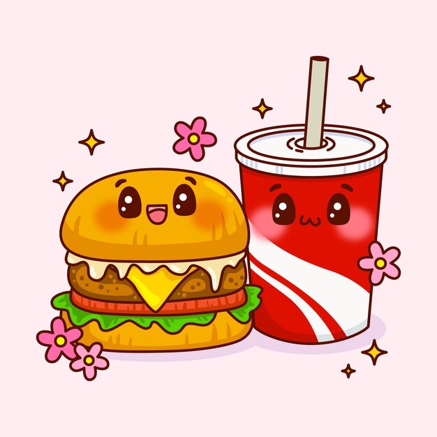 Hand drawn kawaii food collection
