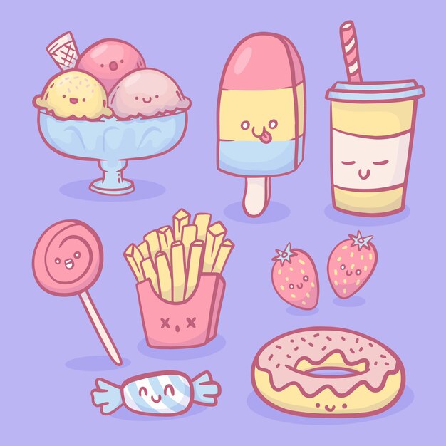 Set of Fun Stickers Desserts Kawaii Bakery Food Stock Vector