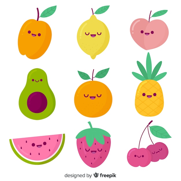 Бесплатное векторное изображение Ручной обращается каваи фруктовый пакет