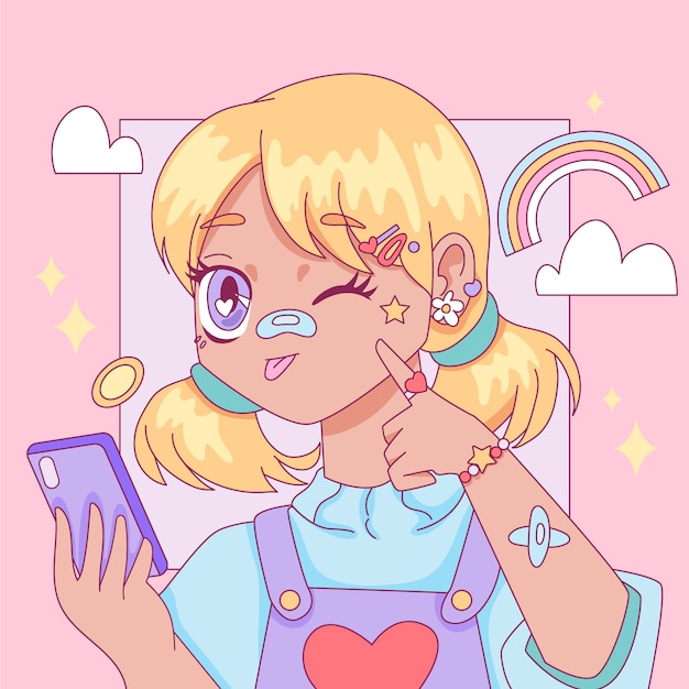 Hand drawn kawaii girl illustration