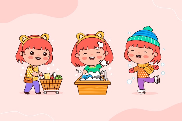 Hand drawn kawaii girl illustration