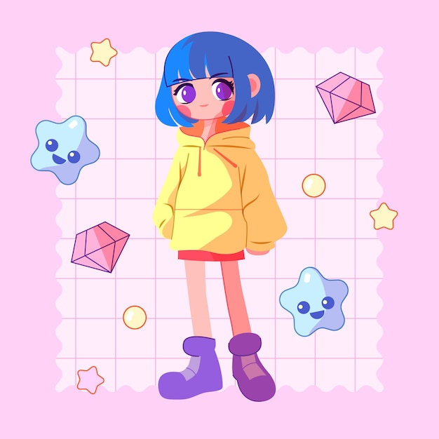 손으로 그린 가와이이 소녀 그림